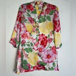 Draper's & Damon's Satin Blouse Women's Size Petite Medium Pink/Yellow Floral